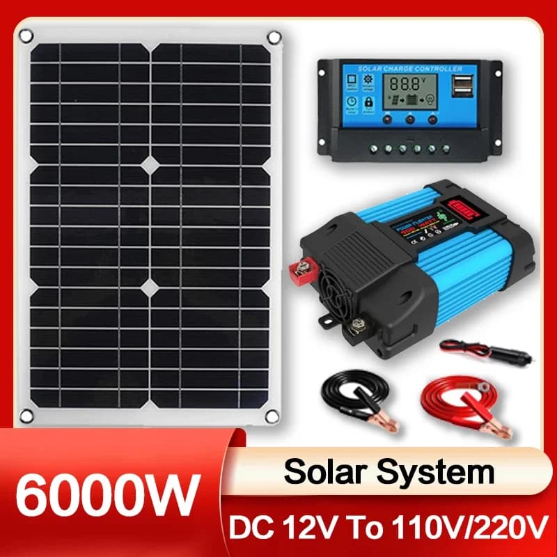 Système de production d'énergie solaire, onduleur 110V/220V 6000W, panneau solaire 12V 30A, contrôleur, Kit complet de production d'énergie, chargeur