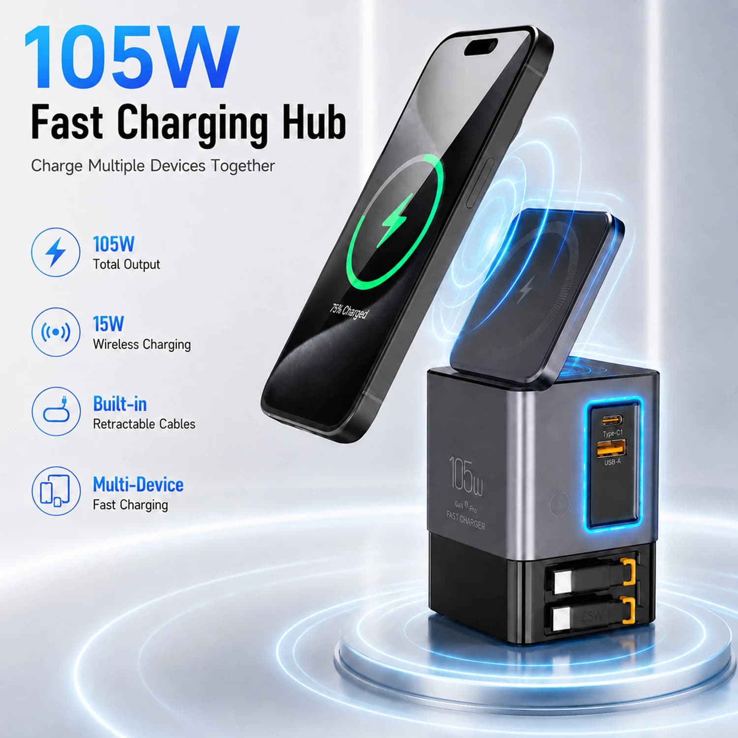 Station de charge sans fil magnétique 105W GaN avec câbles USB-C rétractables