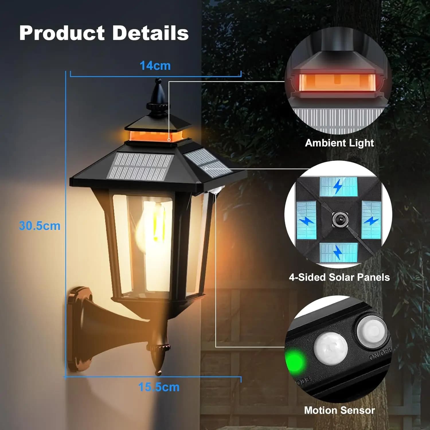 Moman Lampes solaires extérieures, 2 lampes solaires vintage avec capteur de mouvement 2200 mAh, 3 modes IP65 Lanterne solaire étanche pour clôture de jardin