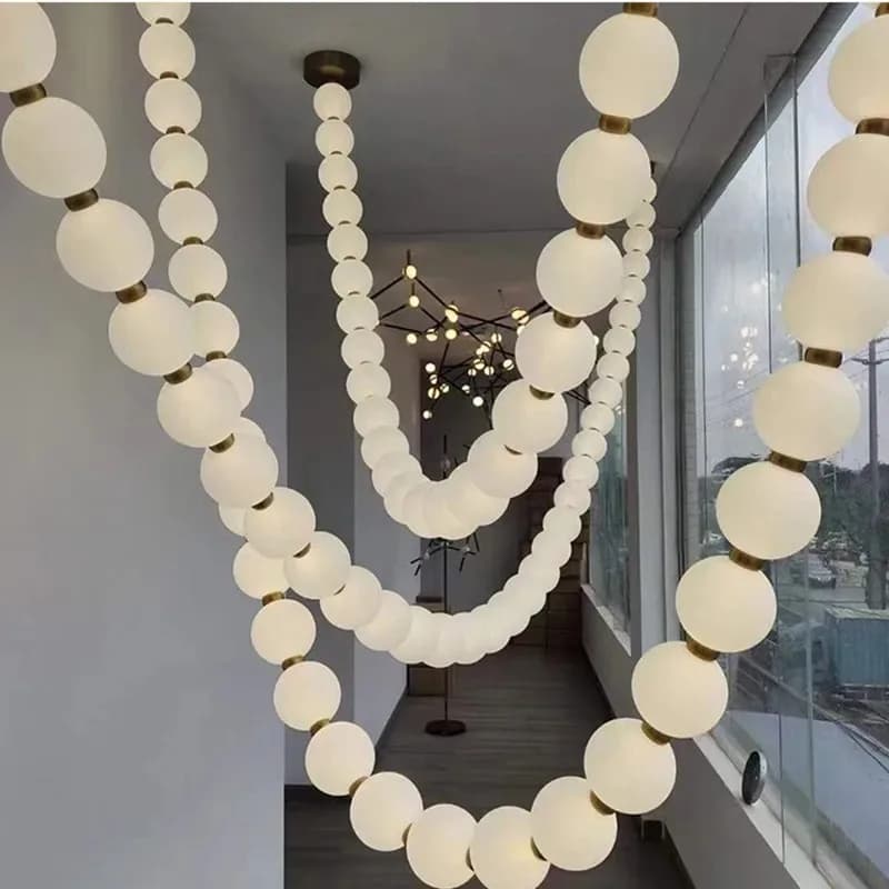 Lampe à suspension avec collier de perles de bouddha, perle de givre, salon français, salle à manger moderne et minimaliste, escalier