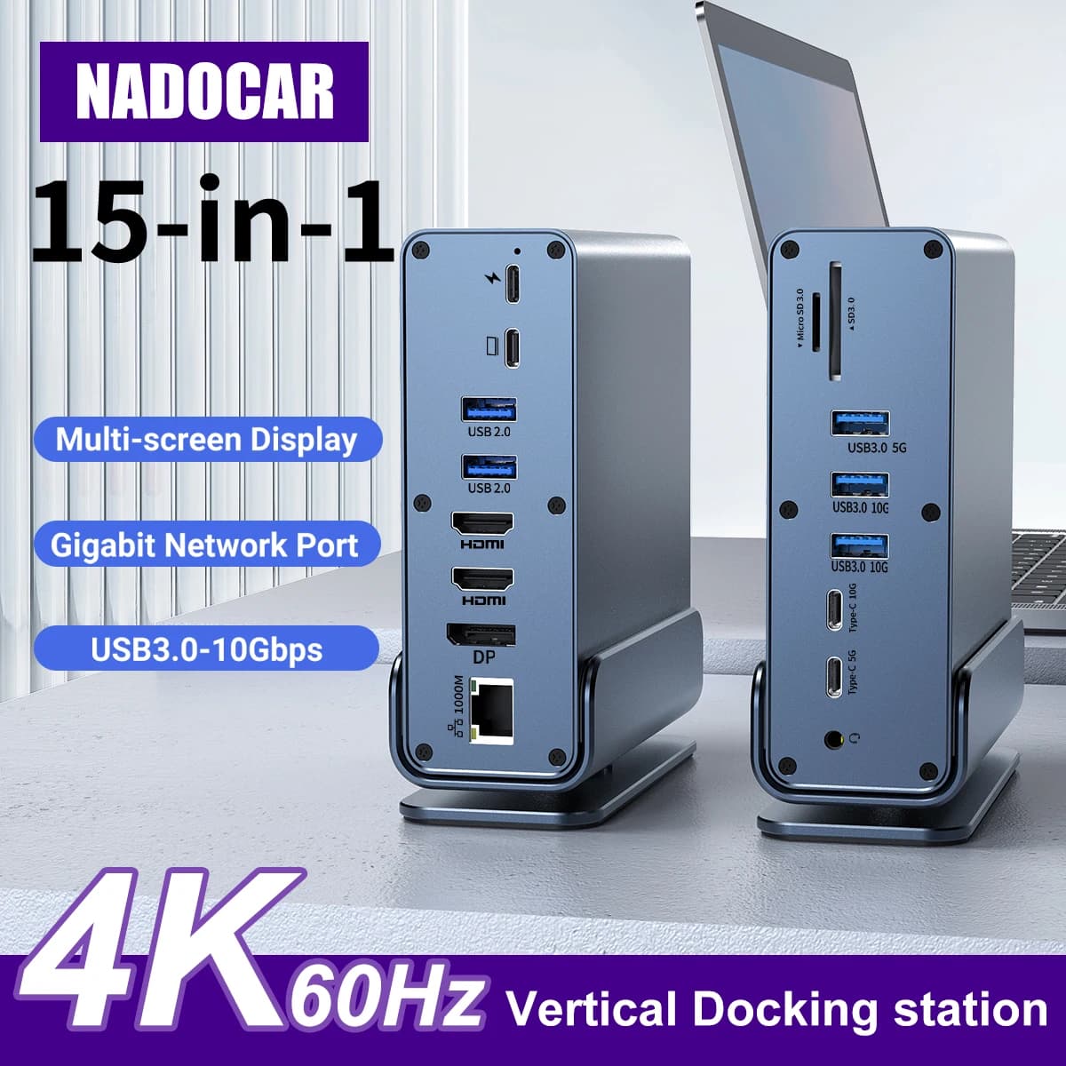 Station d'accueil USB-C 15 en 1, HUB type-c 4K60Hz avec HDTV * 2 + PD 100W + USB 2.0/3.0 + SD + TF + RJ45 Ethernet + Audio 3.5mm + VGA pour ordinateur portable