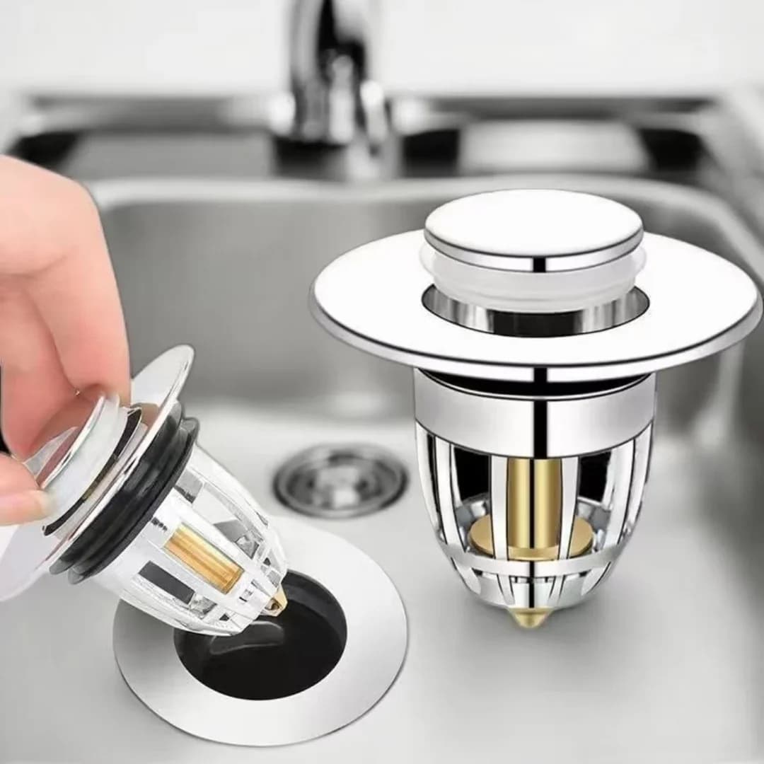 Bouchon de vidange universel pour lavabo avec filtre pop-up chromé et attrape-cheveux, facile à installer