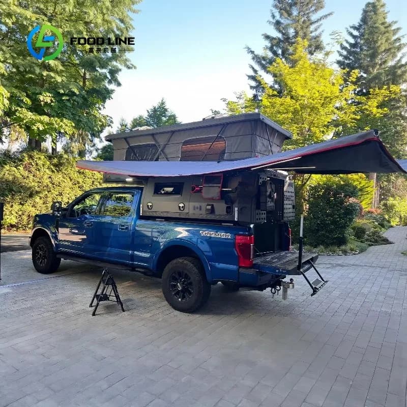 Coque de camping-car sur mesure pour pick-up avec tente extensible et extension de hayon pour voyages en plein air –
