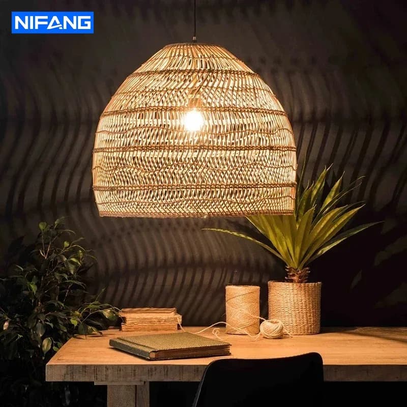 Lampe suspendue Cloche Vintage en rotin, lustre tissé à la main en Fiber naturelle pour salon, cuisine, île, café, décor