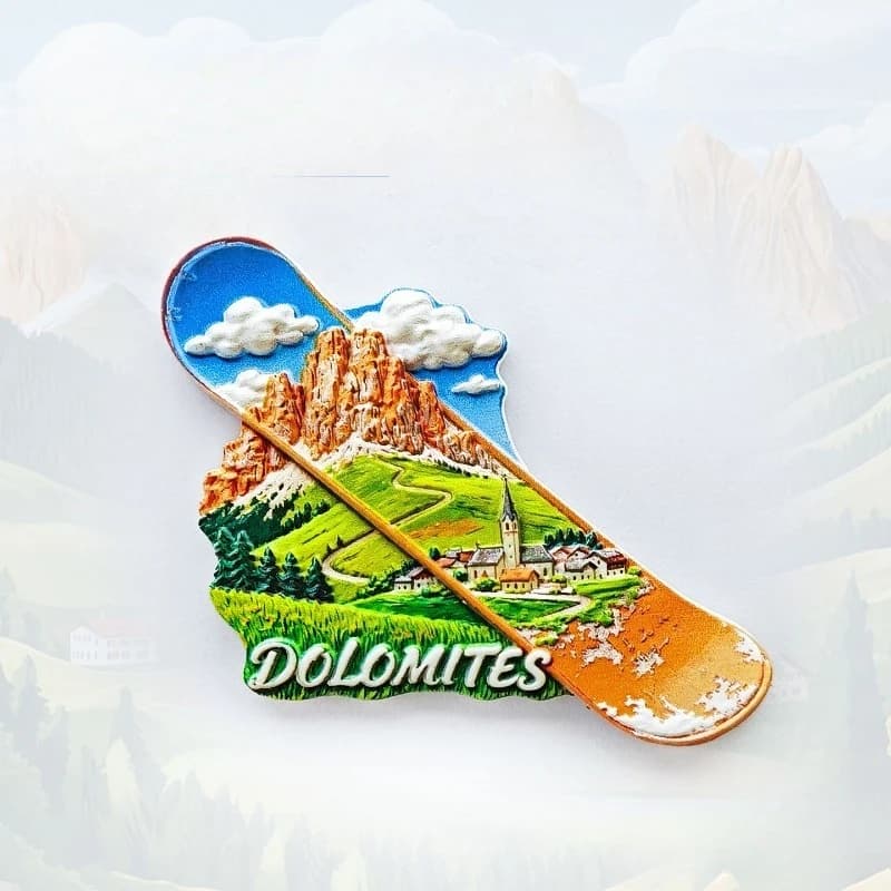 Aimant de réfrigérateur Dolomites Snowboard - Souvenir sportif alpin 3D dynamique, cadeau d'hiver italien unique pour la décoration de voyage et de chalet de ski
