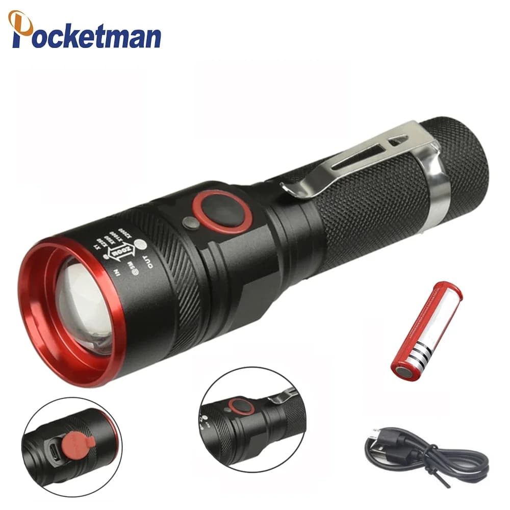 Lampe de poche LED étanche, 5200lm, aste par USB, zoomable, 3 modes, pour 18650, avec câble USB, pour camping z40
