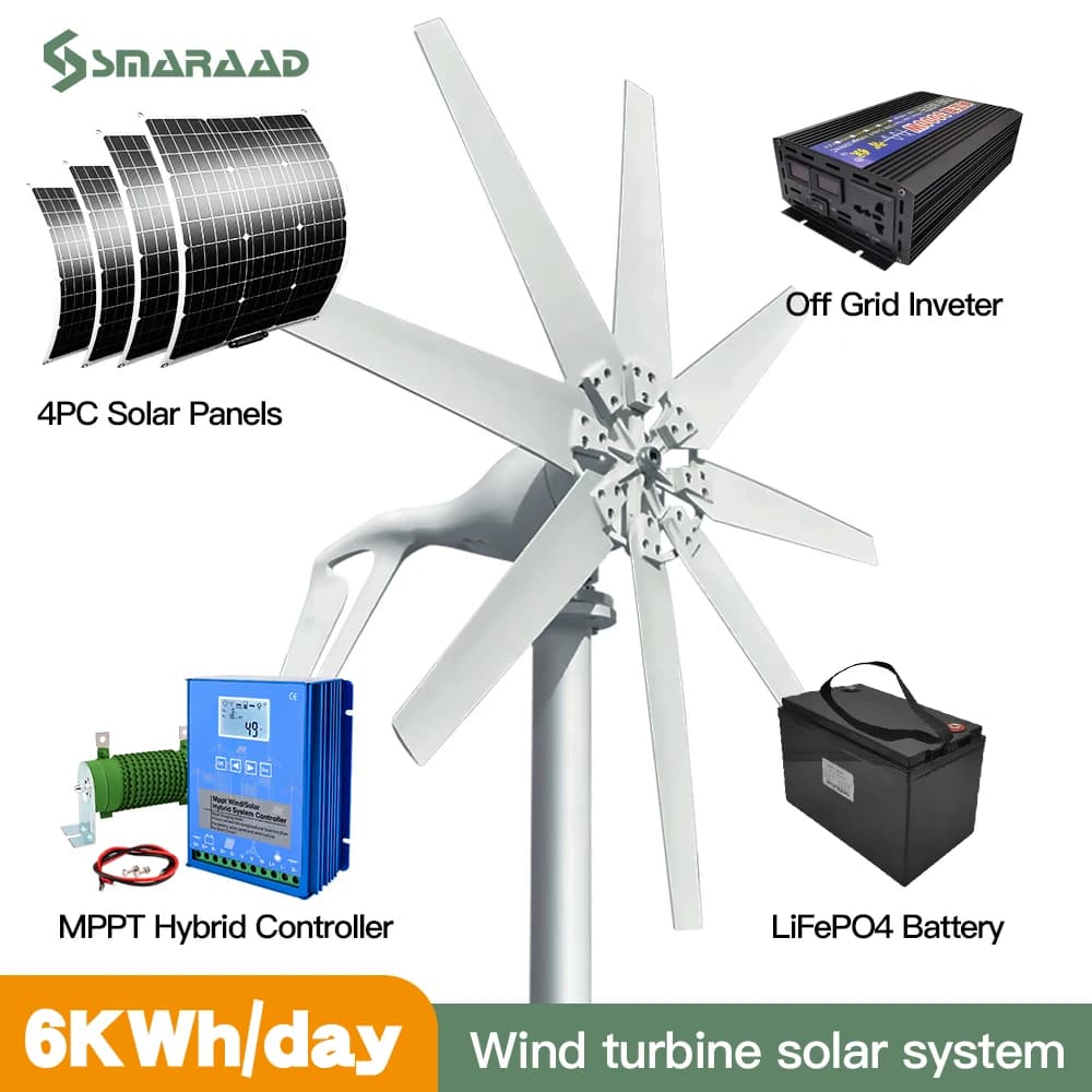 Éolienne horizontale avec contrôleur gratuit, système de cellules solaires pour la maison, 6kWh, 12V, 24V, 48V, 220V
