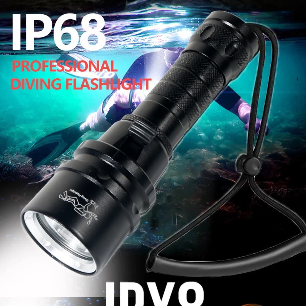 Lampe de poche de plongée haute puissance IP68, étanche le plus élevé, lampe de plongée professionnelle alimentée par une batterie 18650 avec corde à main