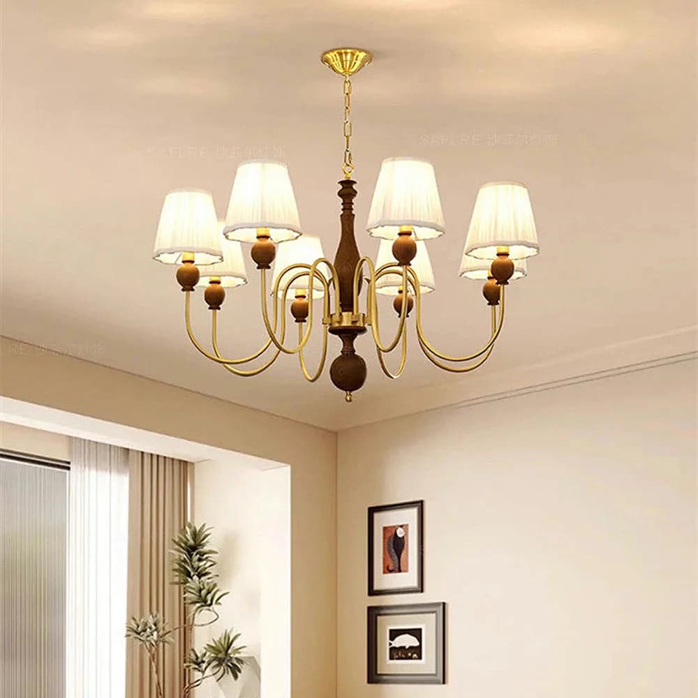 Lustre suspendu en cuivre rétro pour salon, chambre à coucher et salle à manger, style mi-saison, avec abat-jour en tissu