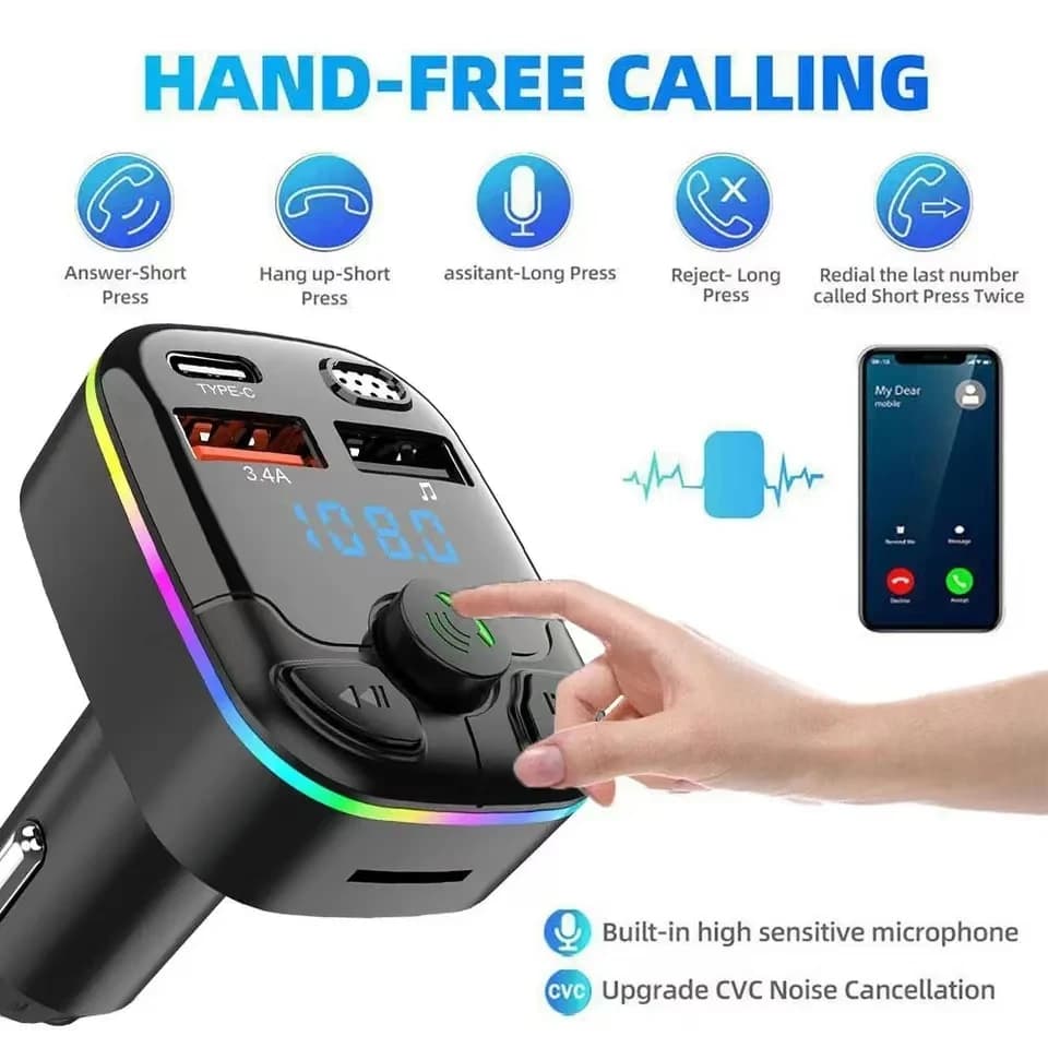 Chargeur de voiture Bluetooth 5.0, transmetteur FM, mains libres, PD type-c, double lecteur ambiant USB, chargeur MP3, lumière sans fil de Type C