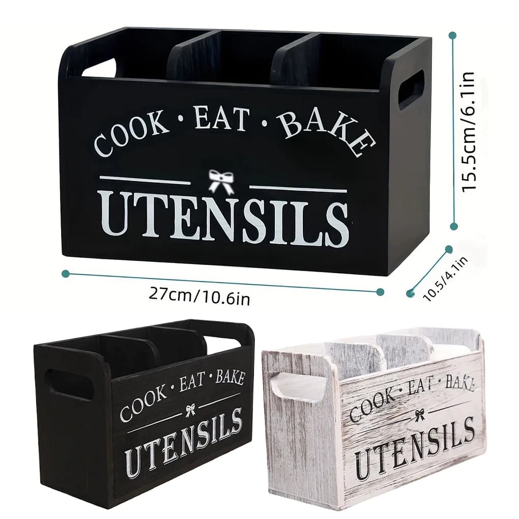 Porte-ustensiles de cuisine en bois, organisateur d'ustensiles, support de vaisselle à 3 compartiments avec trous de Drainage pour barres de collation largement utilisé